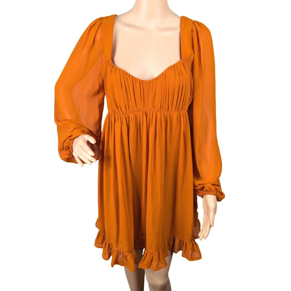 Abercrombie & Fitch Burnt Orange Babydoll Dress M | Ruched Puff Sleeve Coquette